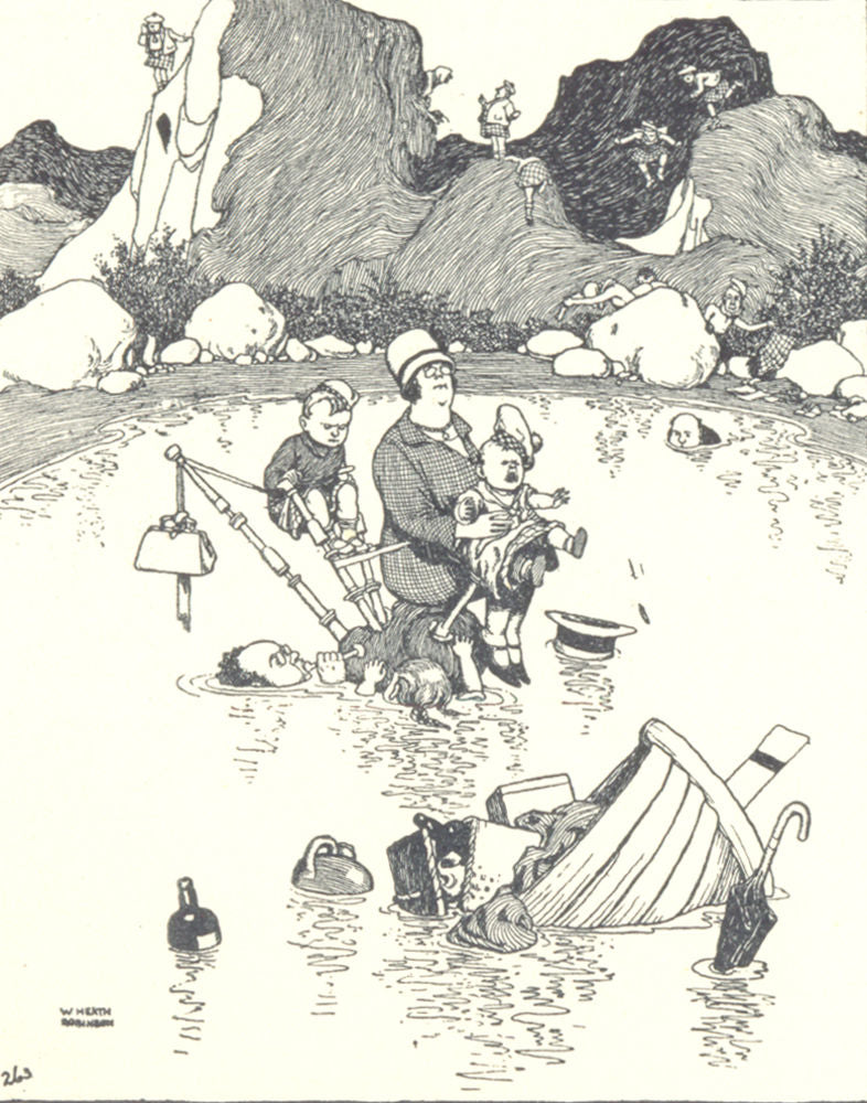 HEATH ROBINSON.Keeping afloat with bagpipes.Loch Lomond boat accident.SMALL 1935